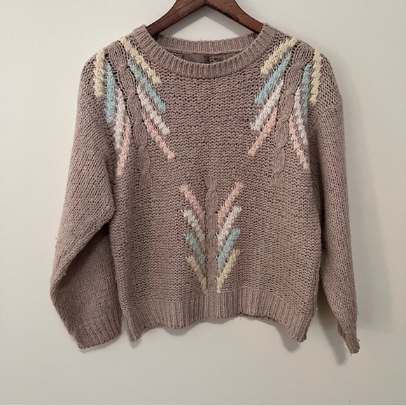Sweaters - VTG Women's Sz. S Chunky Sweater Crop 90s Cable Chevron Pastel Cottagecore